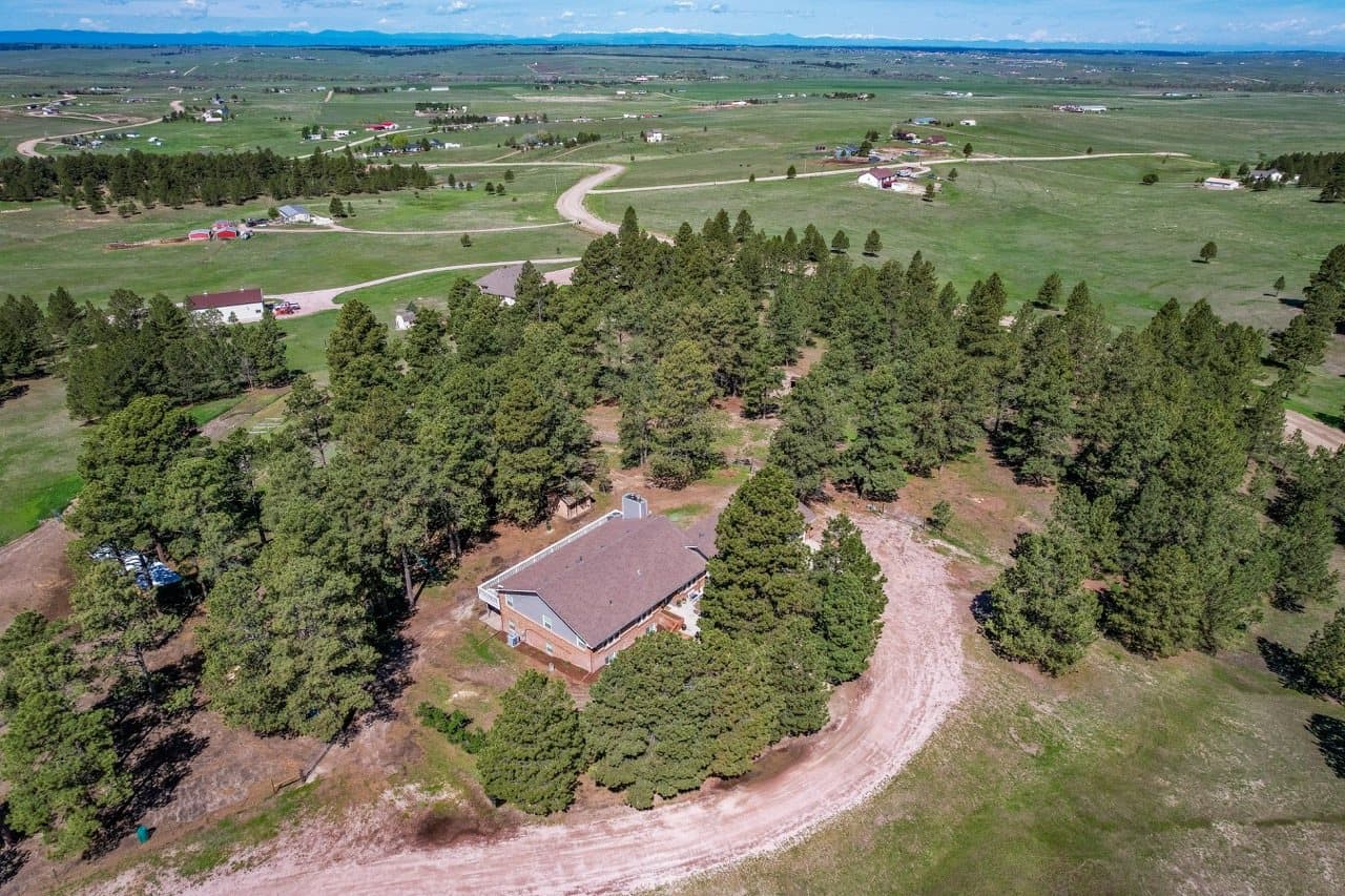 An Elbert County acreage lot from the air: a house tucked into a stand of ponderosa pines, a broad gravel drive curving in from the road, and neighboring parcels with barns spread out across open grassland.